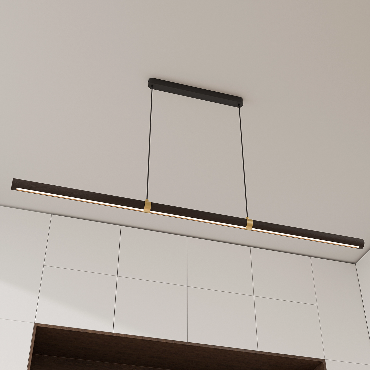 Calibo Aquila 1500mm Timber Tubular LED Linear Pendant with Brass Finish Collar - Black Ash with Black