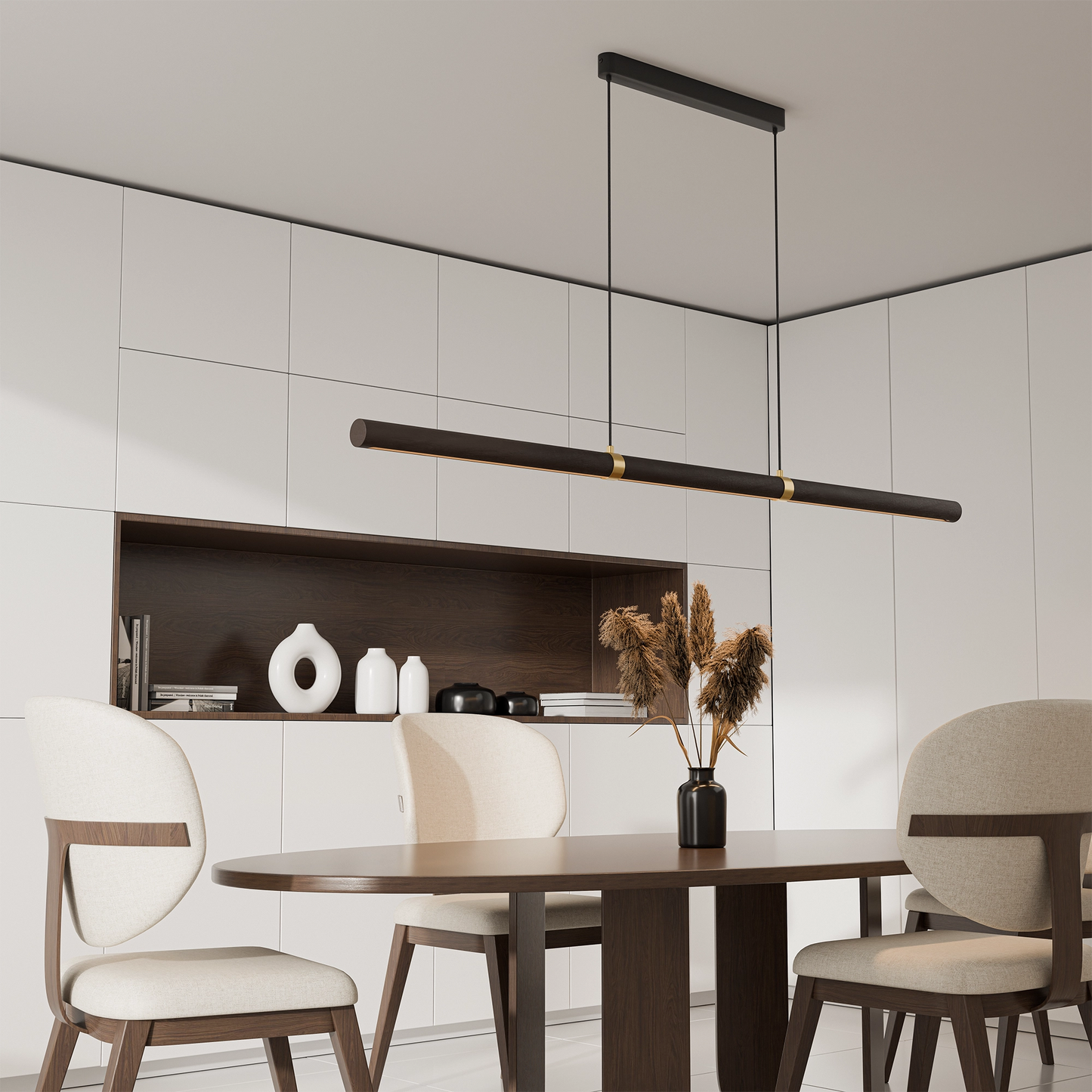 Calibo Aquila 1500mm Timber Tubular LED Linear Pendant with Brass Finish Collar - Black Ash with Black