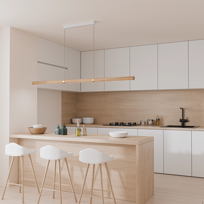 Calibo Aquila 1500mm Timber Tubular LED Linear Pendant with Brass Finish Collar - Ash with White