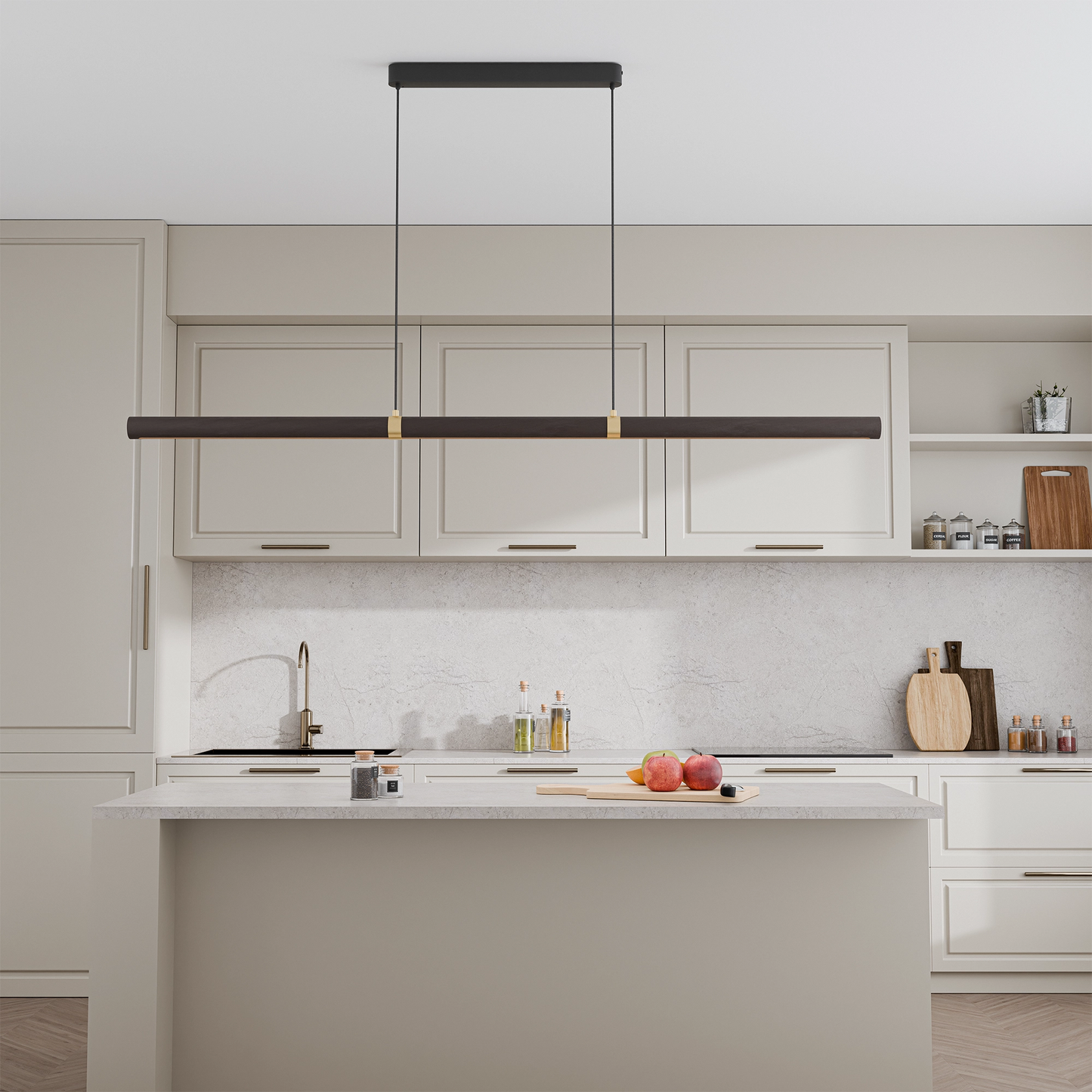 Calibo Aquila 1500mm Timber Tubular LED Linear Pendant with Brass Finish Collar - Black Ash with Black