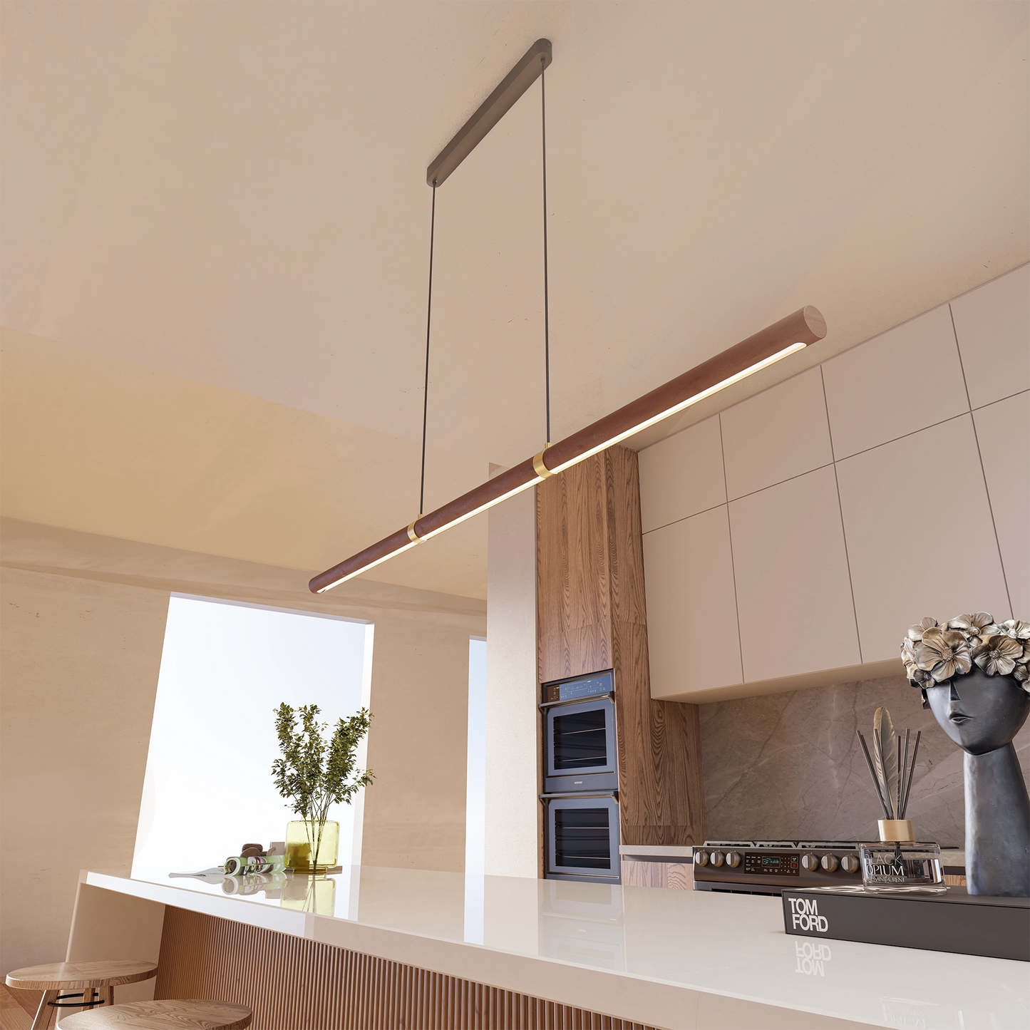 Calibo Aquila 1500mm Timber Tubular LED Linear Pendant with Brass Finish Collar - Walnut with Black