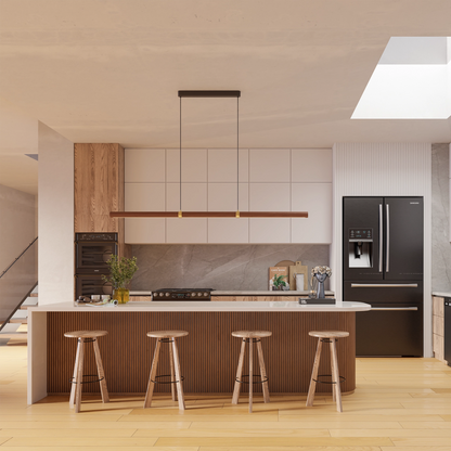 Calibo Aquila 1500mm Timber Tubular LED Linear Pendant with Brass Finish Collar - Walnut with Black