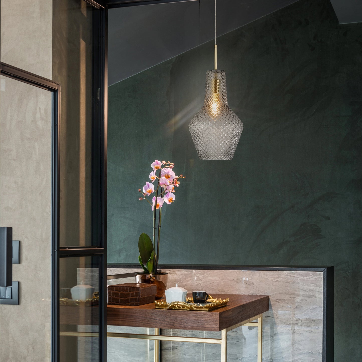 Calibo Avian Vintage Diamond Cut Glass Pendant- Gold With Smoky Glass