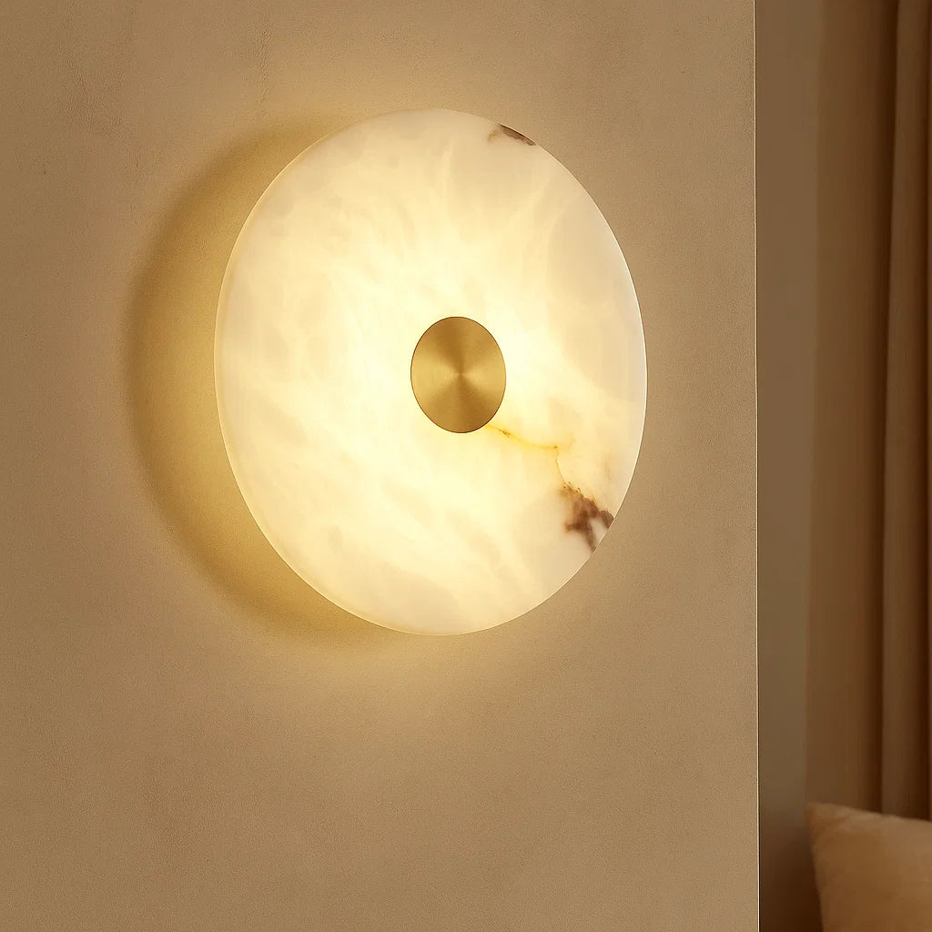 Calibo Bower Modern Alabaster Stone 250mm Round Wall Light - Brass