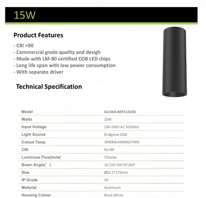 3A 15W DL1563 Surface Mount Downlight- Black
