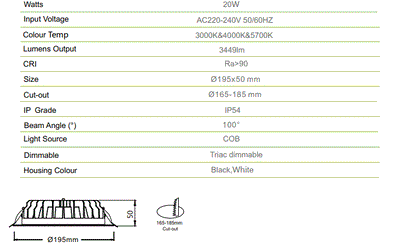 3A 20W DL2005 IP54 Downlight- White