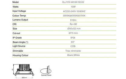 3A 10W Recessed Downlight DLJ103-WH3K10C02
