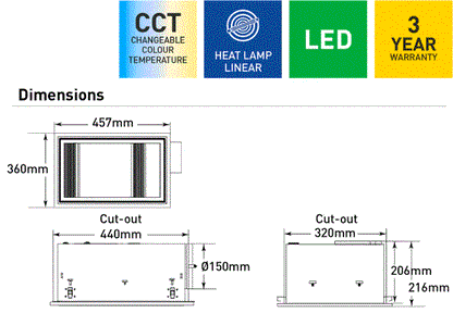 Domini 3-in-1 Bathroom Heater with Exhaust Fan and CCT LED Light- White