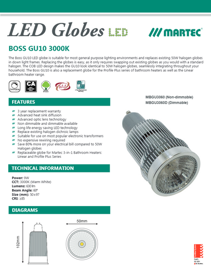 Boss 9W GU10 LED globe- 3000K