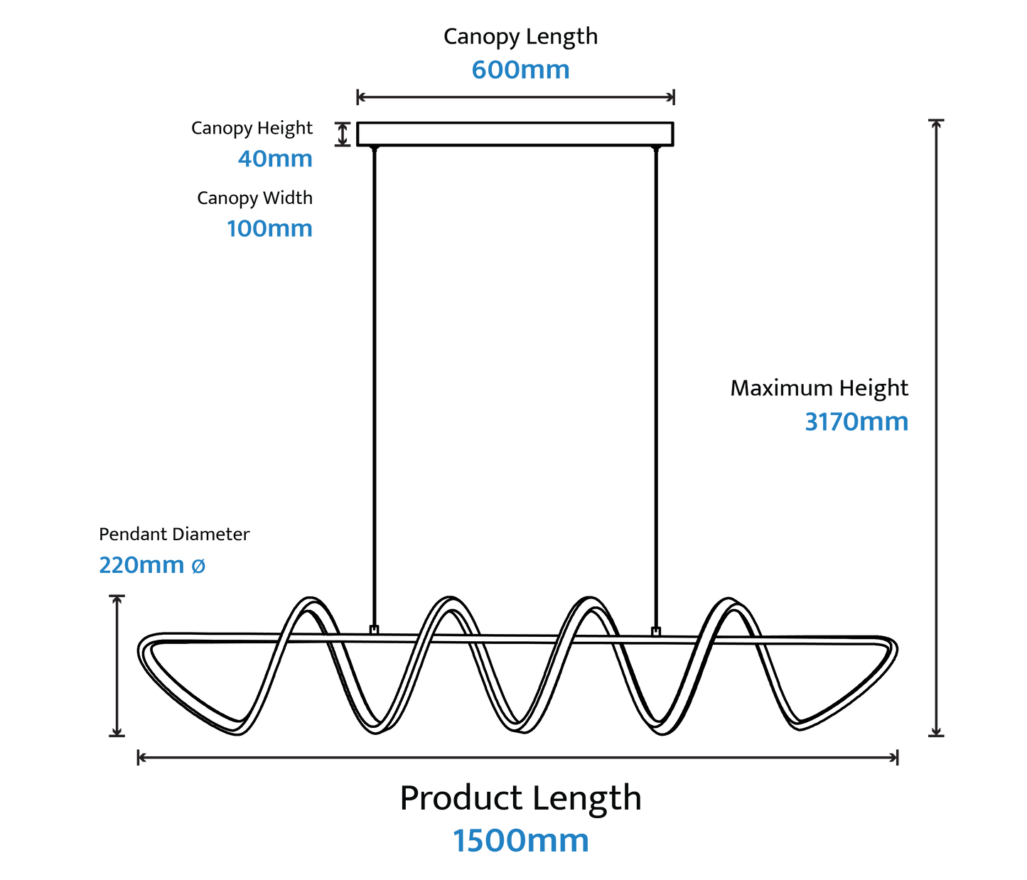 Calibo Bulbul Modern Spiral 1500mm LED Linear Pendant Light - Black