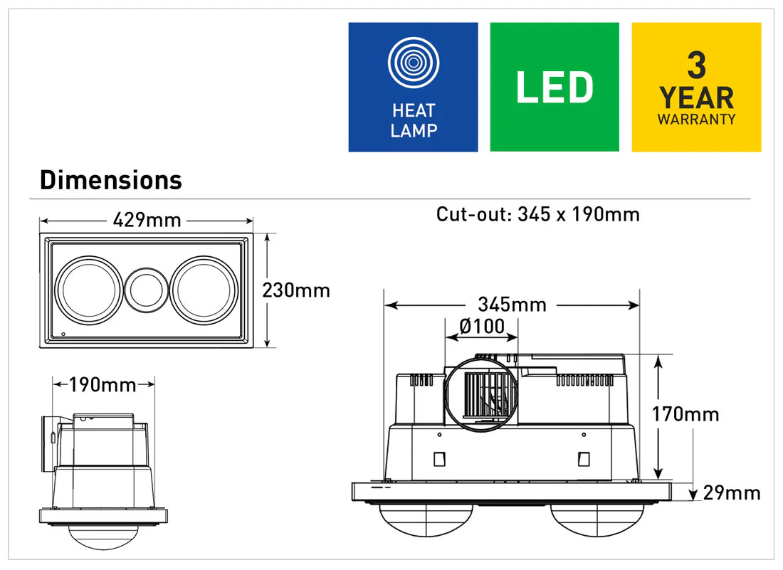 Midas Duo 3-in-1 Bathroom Heater with Exhaust Fan and LED Light