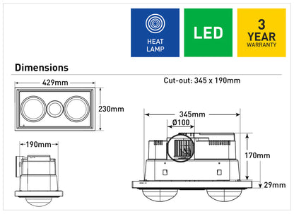Midas Duo 3-in-1 Bathroom Heater with Exhaust Fan and LED Light