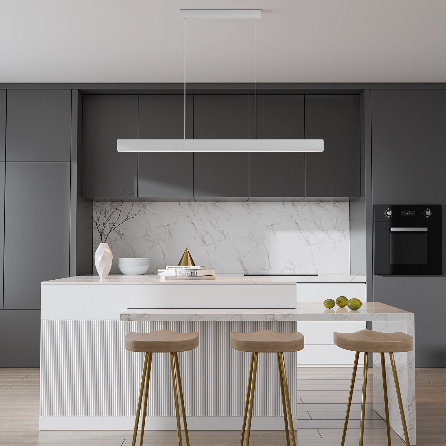 Calibo Munia Sculptural Ribbed LED Linear Pendant with Paintable Gypsum Surface - White
