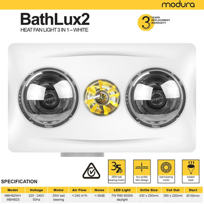 Modura BathLux2 3 in 1 Bathroom Heater Exhaust Fan and Light Instant Heat- White
