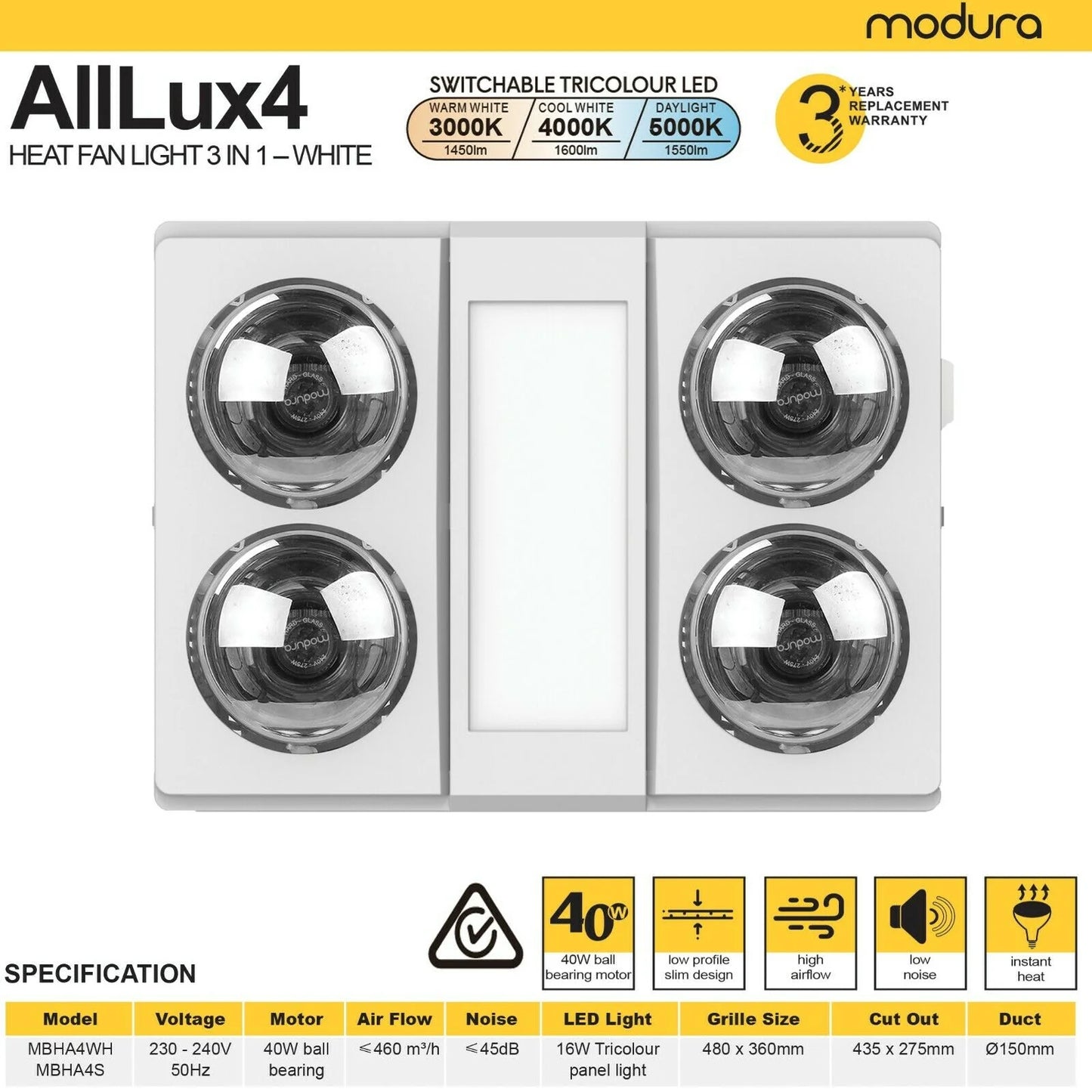 Modura AllLux4- 3 in 1 Bathroom Heater Exhaust Fan and Light 16W Tricolour- White