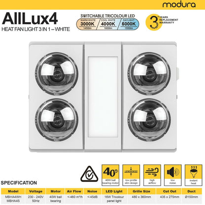 Modura AllLux4- 3 in 1 Bathroom Heater Exhaust Fan and Light 16W Tricolour- White