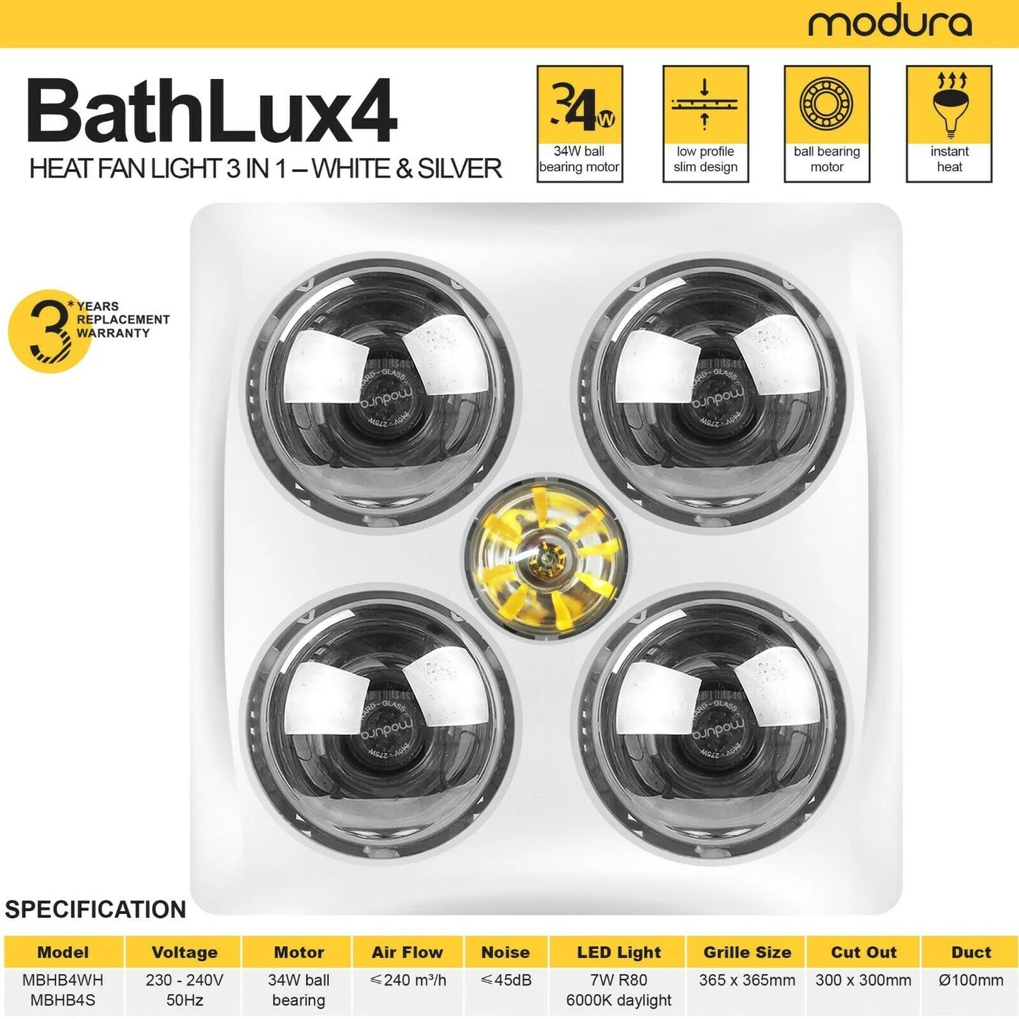 Modura BathLux4- 3 in 1 Bathroom Heater Exhaust Fan and Light Instant Heat- White