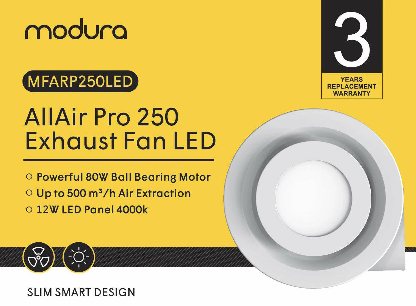 Modura AllAirPro 250 12W LED Panel Light Ceiling Exhaust Fan Round (High Air Extraction)